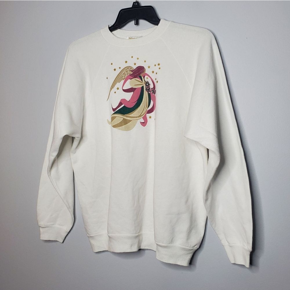 Hugga Heart L / XL Angel Sweater Vintage 90's Christmas Holiday White Pink Gold